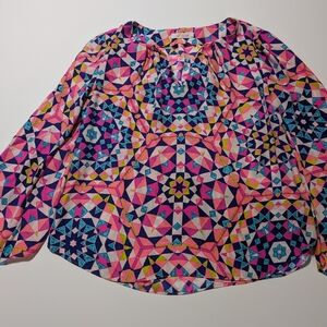 Alice & Trixie Pink and Blue Graphic 3/4 Sleeve Blouse 100% Silk
